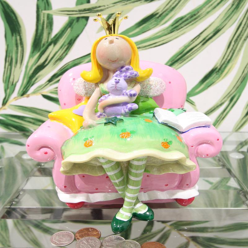 Bookworm Crown Princess Fairy Sitting On Pink Sofa Money Coin Bank Figurine