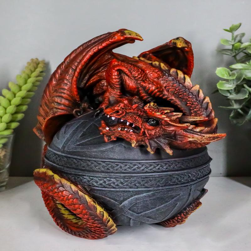 Celtic Red Dragon Egg Box 6.5"Tall Mythical Guardian Dragon Figurine Jewelry Box