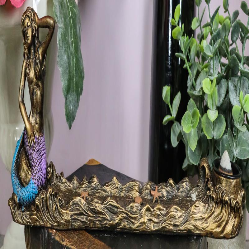 Coastal Sun Bathing Mermaid Over Ocean Waves Candle Holder Incense Burner