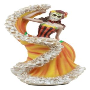 Day Of The Dead Traditional Orange Gown Sugar Skull Dancer Statue Vivas Calacas