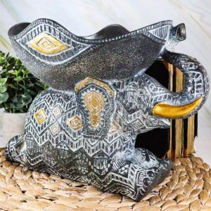 Ebros Grey Mosaic Design Elephant Laying Down With Trunk Up Holding Bowl Decor