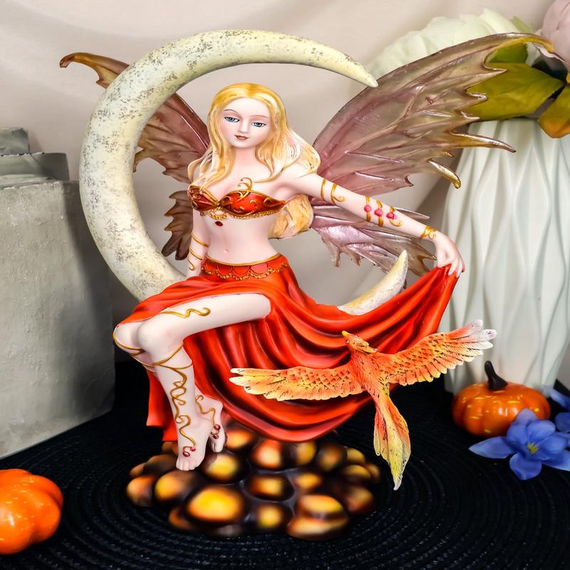 Ebros Large Celestial Crescent Ember Moon Fire Elemental Phoenix Fairy Statue