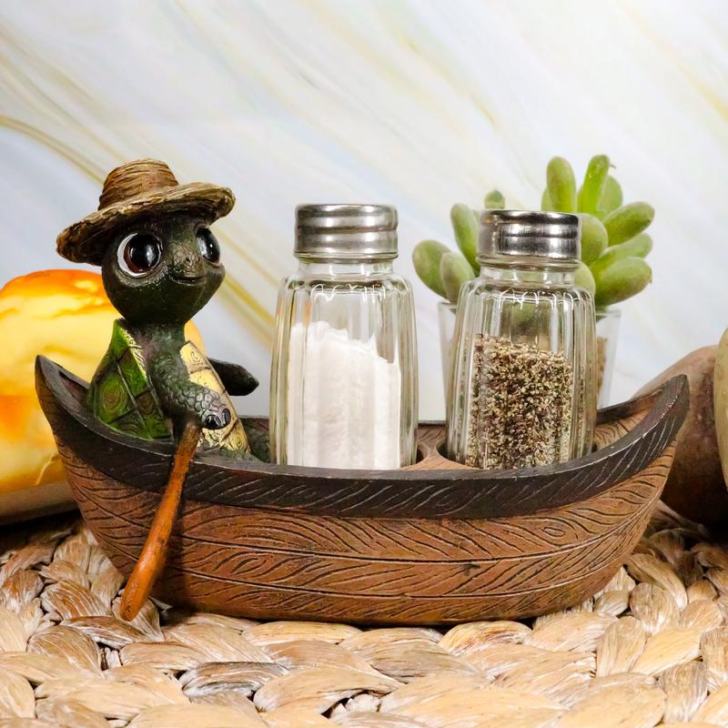 Ebros Outdoor River Camper Turtle Rowing Boat Salt Pepper Shakers Holder 7"L