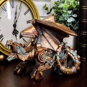 Ebros Roaring Steampunk Copper Skinned Robotic Cyborg Winged Dragon Figurine Statue