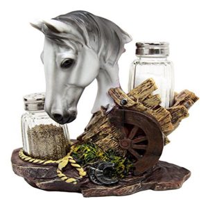 Ebros White Horse By Wagon Wheel Glass Salt Pepper Shakers Holder Set 6.25"H