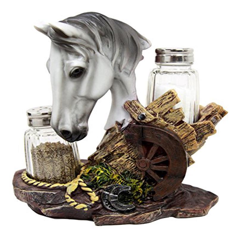 Ebros White Horse By Wagon Wheel Glass Salt Pepper Shakers Holder Set 6.25"H