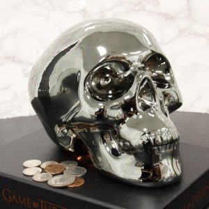 Electroplated Shiny Gunmetal Cranium Skull Head Money Bank Resin Figurine 7.5"L