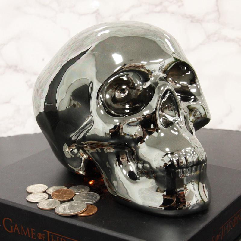 Electroplated Shiny Gunmetal Cranium Skull Head Money Bank Resin Figurine 7.5"L
