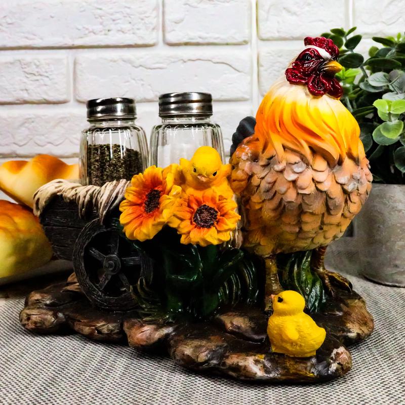 Farm Hay Wagon Sunflower Mother Hen & Chicks Salt Pepper Shakers Holder Figurine