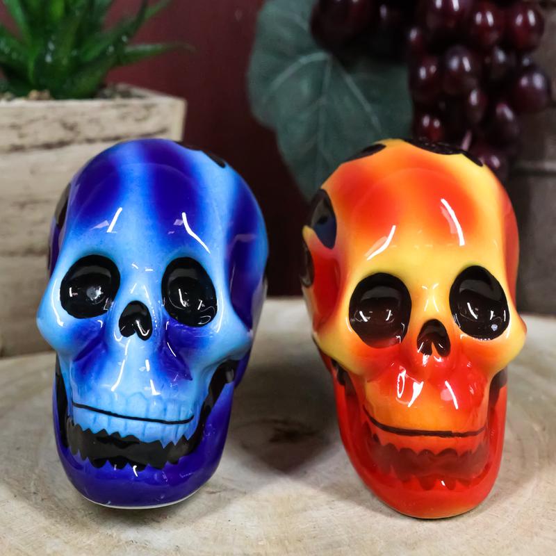 Hot Rod Flaming Inferno Skulls Ceramic Salt Pepper Shakers Fire El Diablo
