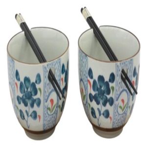 Japanese Design Ceramic Indigo Blossoms Ramen Noodles Bowl & Chopsticks Set of 2