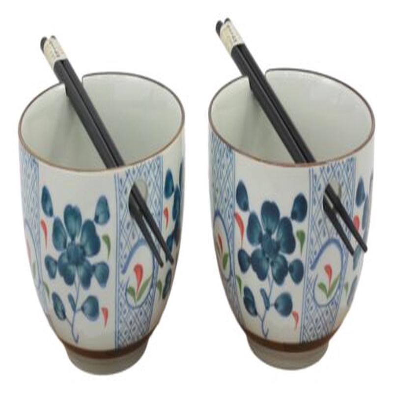 Japanese Design Ceramic Indigo Blossoms Ramen Noodles Bowl & Chopsticks Set of 2