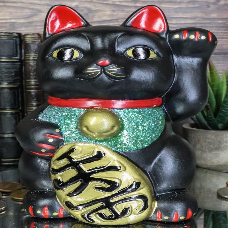 Japanese Luck Fortune Charm Black Beckoning Cat Maneki Neko Money Bank Statue