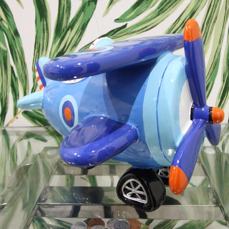 Large Blue Aircraft Air Plane Boys Girls Children Money Coin Piggy Bank Figurine