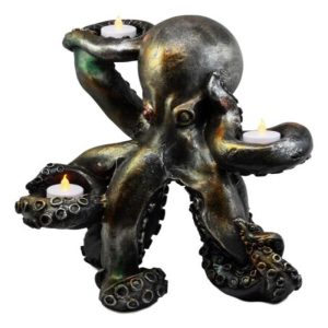 Large Rustic Bronze Deep Ocean Octopus Candle Holder Statue Kraken Sea Monster