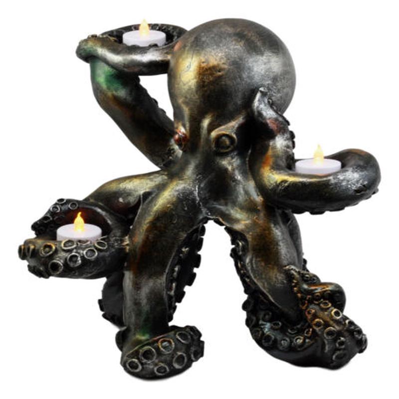 Large Rustic Bronze Deep Ocean Octopus Candle Holder Statue Kraken Sea Monster