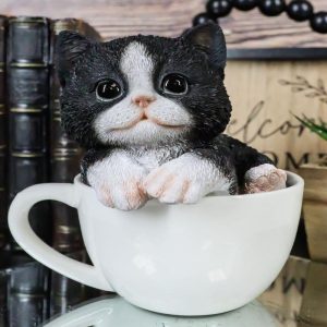 Lifelike Tuxedo Black and White Cat In Teacup Pet Pal Statue With Glass Eyes