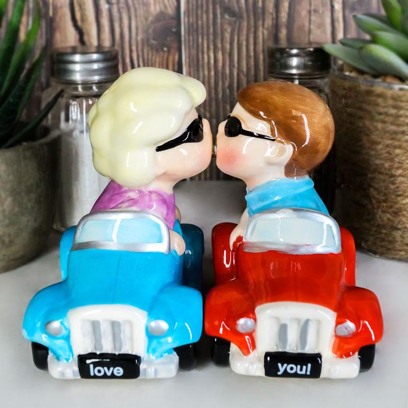 Love You Valentines Couple Kissing In Cars Magnetic Salt And Pepper Shakers Set