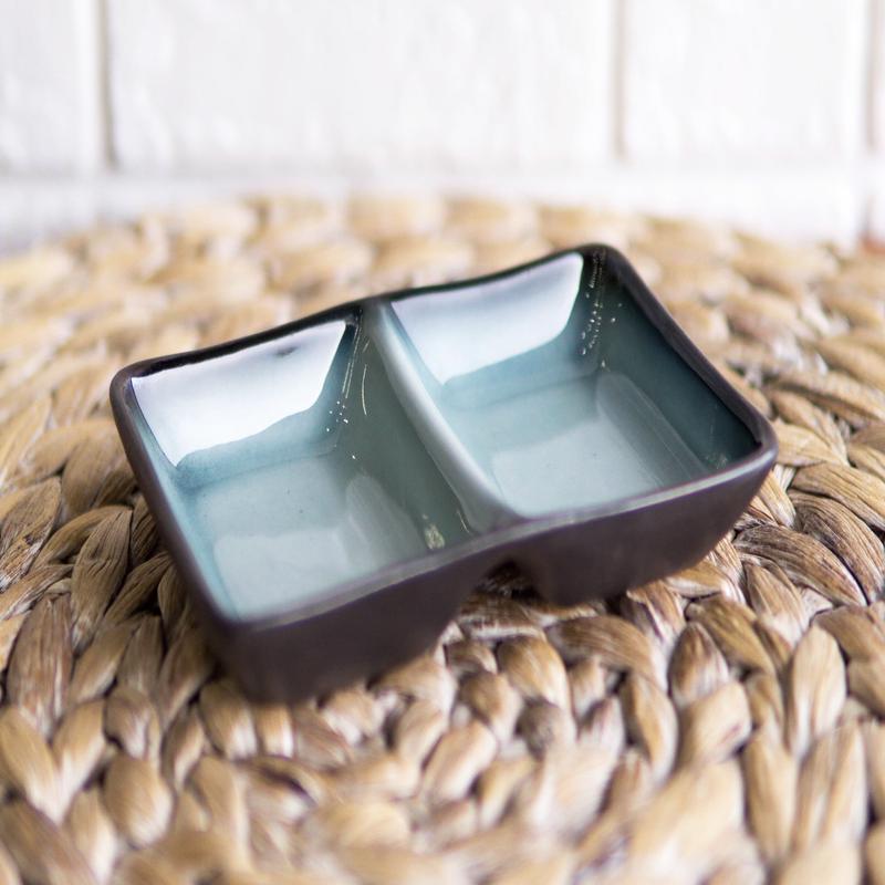 Pack Of 6 Ceramic Zen Blue Soy Sauce Or Condiment Dishes With 2 Compartments