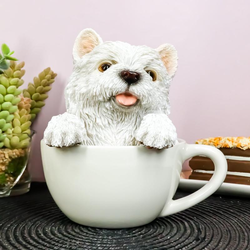Realistic White Westie Dog in Teacup Statue 6"H Pet Pal West Highland Terrier