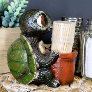 River Baby Tortoise Holding A Bucket Toothpick Holder Figurine With Toothpicks