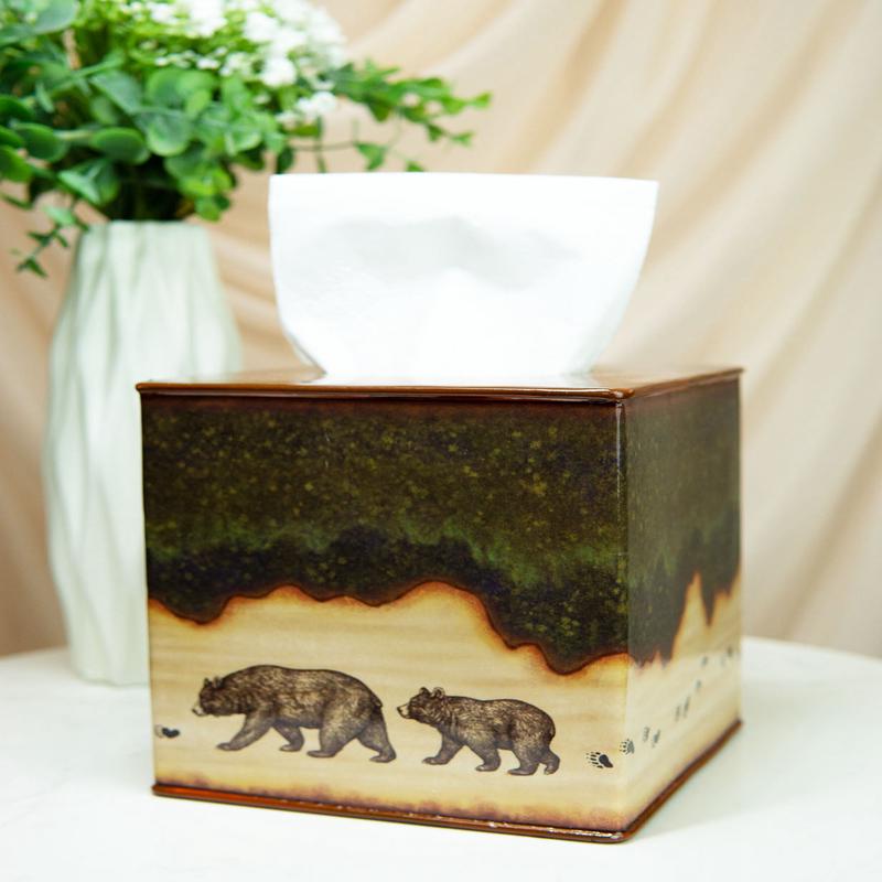 Rustic Forest Mama Bear And Cub Family Pawprint Trail Tissue Box Cover Holder