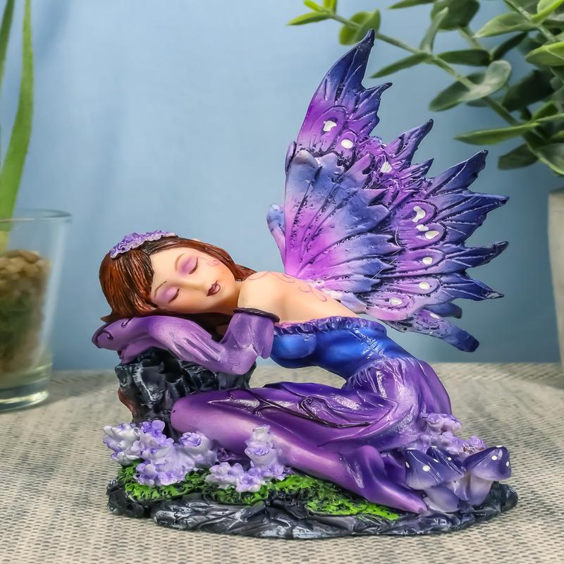 Sleeping Purple Lavender Girl Fairy Garden Statue 4.5"Tall Twilight Fae Pixie