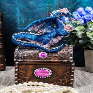 Whimsical Pixie Blue Dragon Guarding Celtic Treasure Chest Trinket Box 6.5"Tall