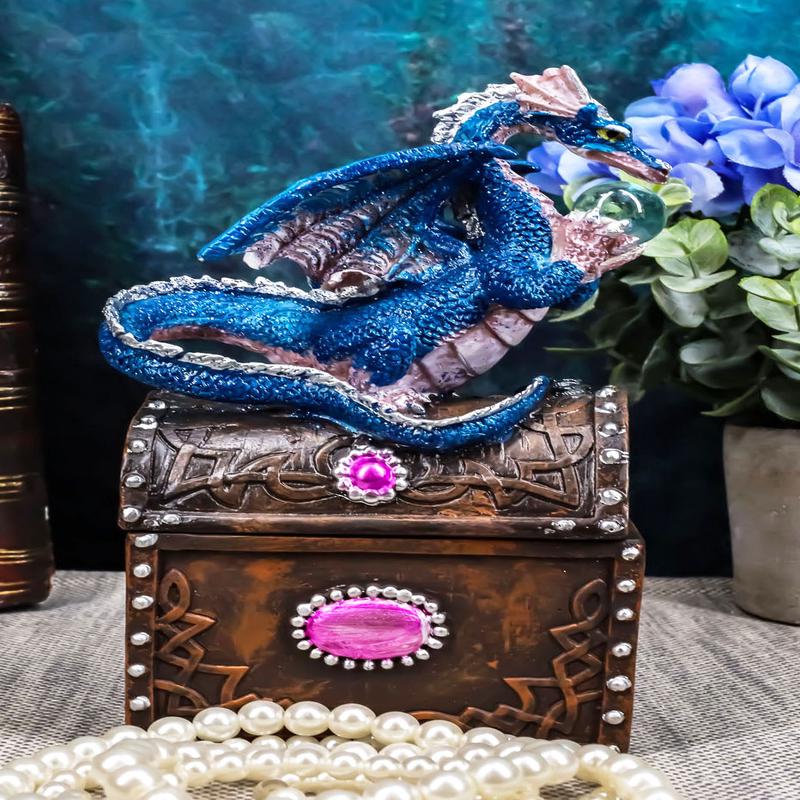 Whimsical Pixie Blue Dragon Guarding Celtic Treasure Chest Trinket Box 6.5"Tall
