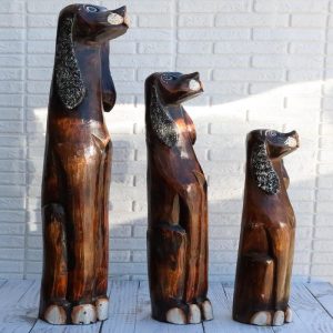 Balinese Wood Handicraft 3 Feet Large Silvered Ears Canine Hound Dog Set Statue