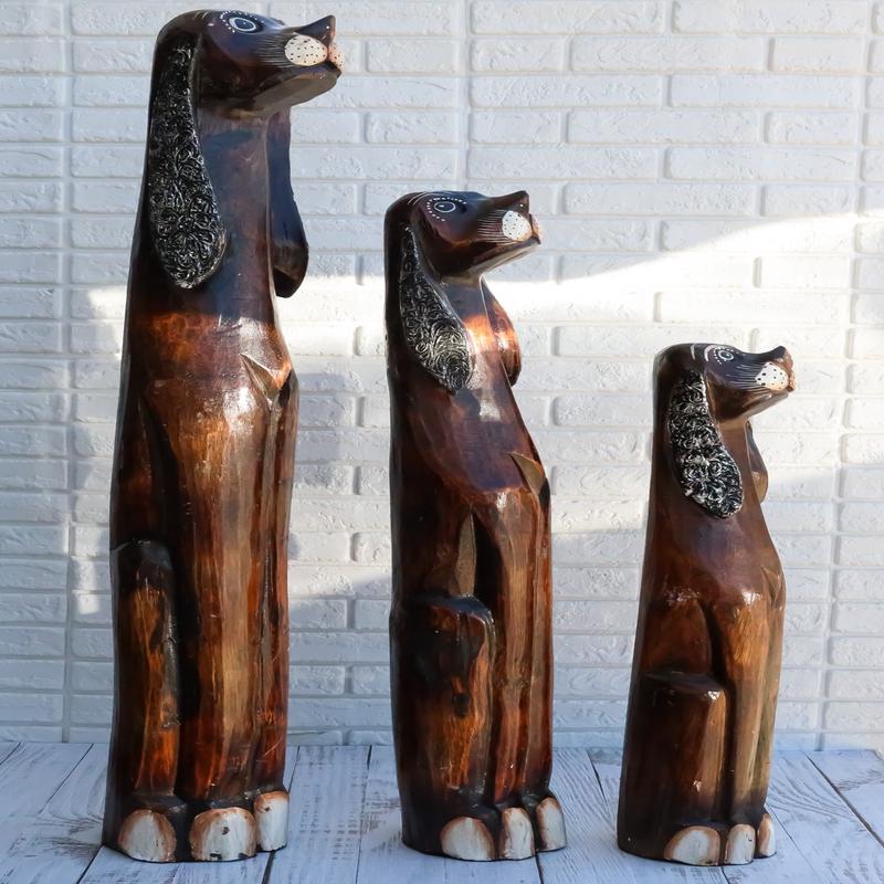 Balinese Wood Handicraft 3 Feet Large Silvered Ears Canine Hound Dog Set Statue