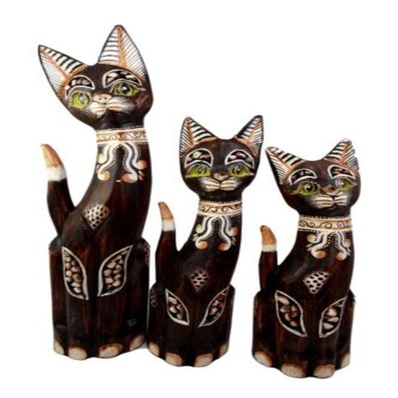 Balinese Wood Handicraft Green Eyed Feline Cat Family Set of 3 Figurines 20"H