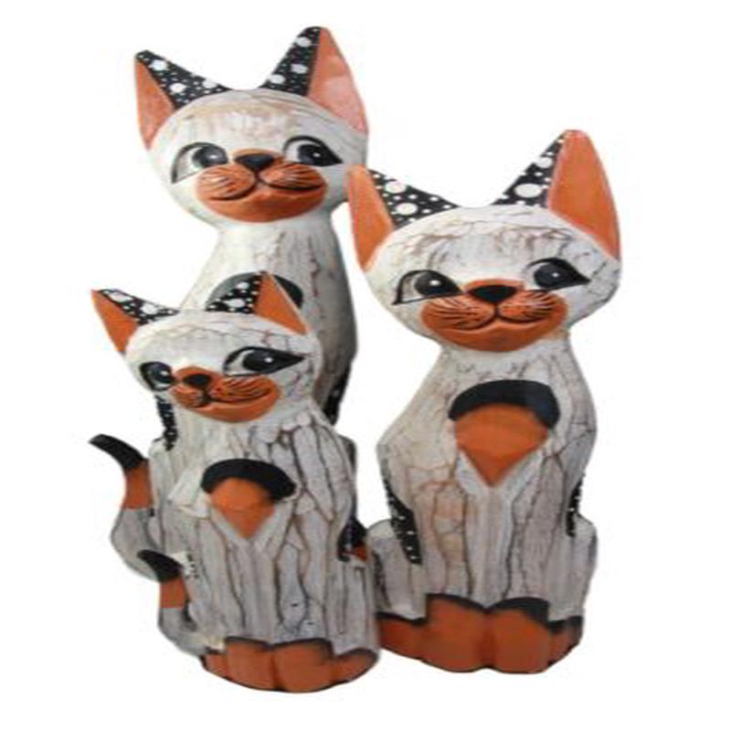 Balinese Wood Handicraft Polka Orange Feline Cat Family Set of 3 Figurines 20"H