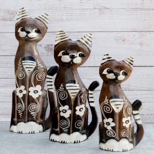 Balinese Wood Handicraft Striped Ears Feline Cat Family Set of 3 Figurines 20"H