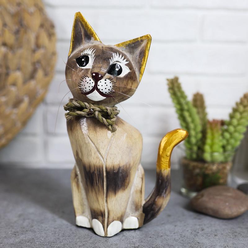 Balinese Wood Handicrafts Adorable Feline Cat With Rope Ribbon Tie Figurine