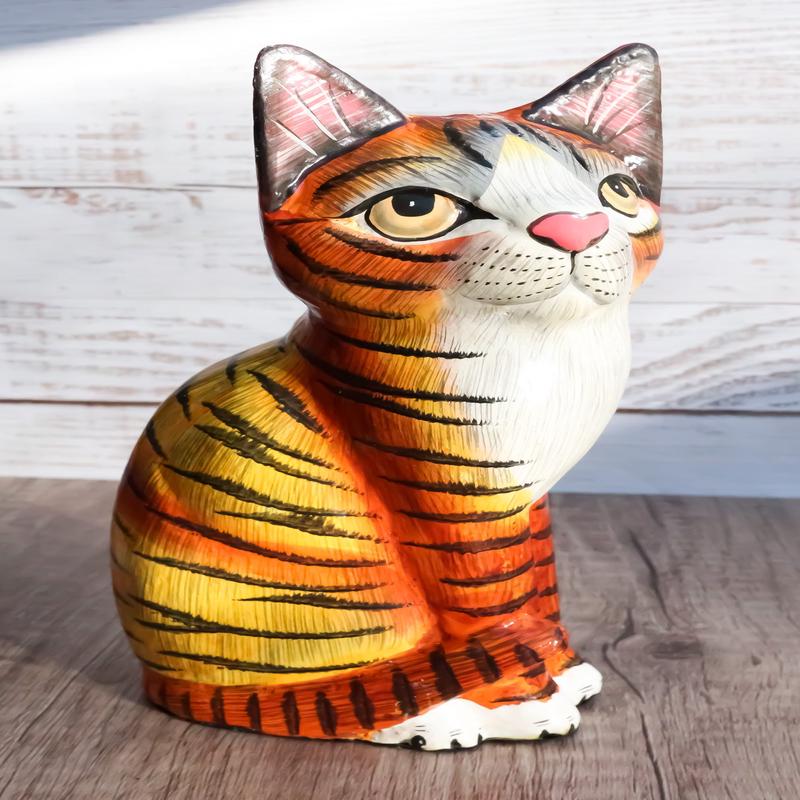 Balinese Wood Handicrafts Adorable Orange Tabby Feline Cat Purr Pet Figurine 8"H