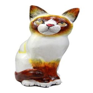 Balinese Wood Handicrafts Adorable White Feline Cat Purr Pet Figurine 8"H