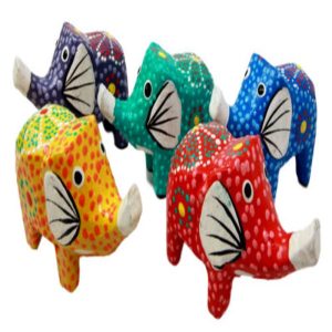 Balinese Wood Handicrafts Colorful Jungle Elephant Miniature Figurines Set 2.5"L