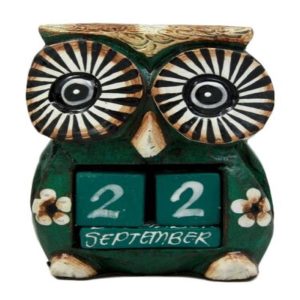 Balinese Wood Handicrafts Hypnosis Eyed Green Owl Desktop Calendar Figurine 4.5"