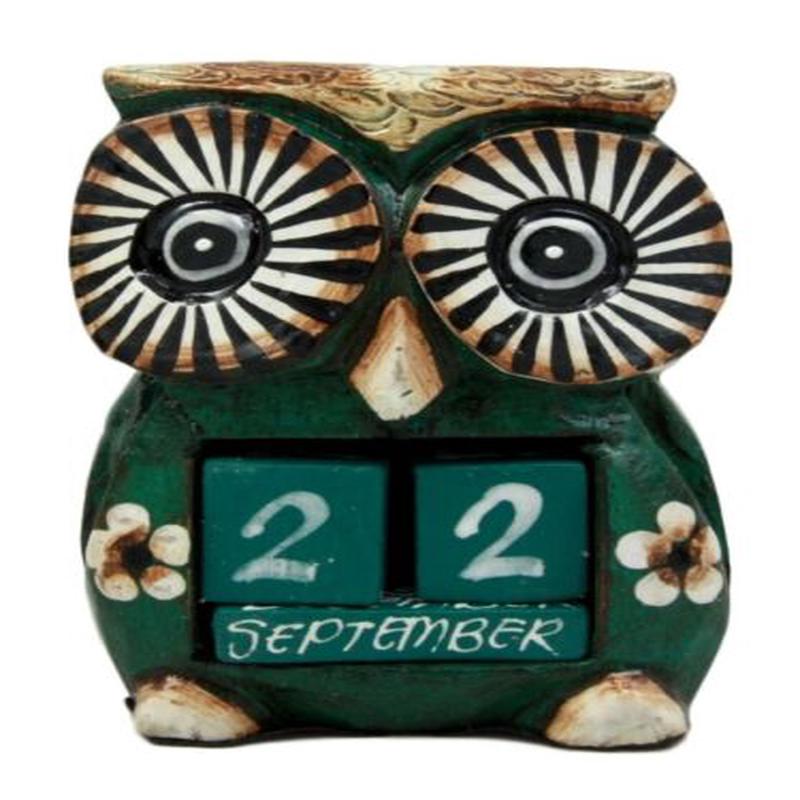 Balinese Wood Handicrafts Hypnosis Eyed Green Owl Desktop Calendar Figurine 4.5"