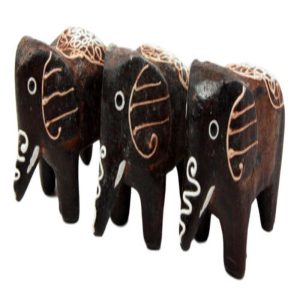 Balinese Wood Handicrafts Jungle Tribal Elephant Miniature Figurines Set 2"L
