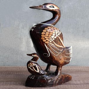 Balinese Wood Handicrafts Waterfront Mother Duck & Duckling Figurine 16.5"Long