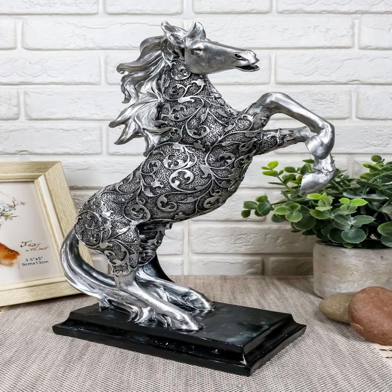 Ebros Silver Vine Engraved Bucking Stallion Horse On Hind Legs Figurine 12"H