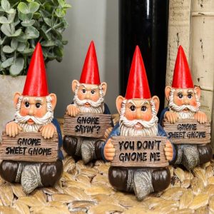 Ebros Welcome Whimsical Gnome W/ Greeting Signs Statues 4"H Set 4 Garden Gnome