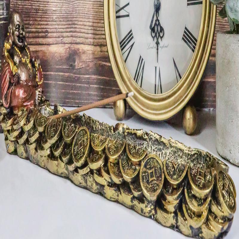 Hotei Lucky Fortune Buddha Maitreya Holding Prayer Beads Incense Holder Figurine