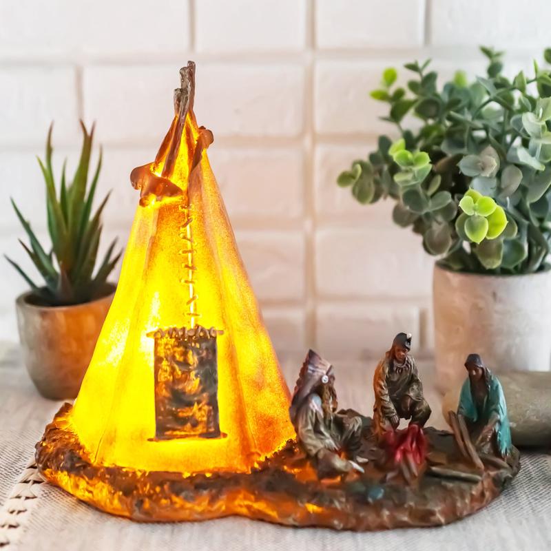 Native American Indian Chief and Elders Building Fire By LED Tipi Tent Statue