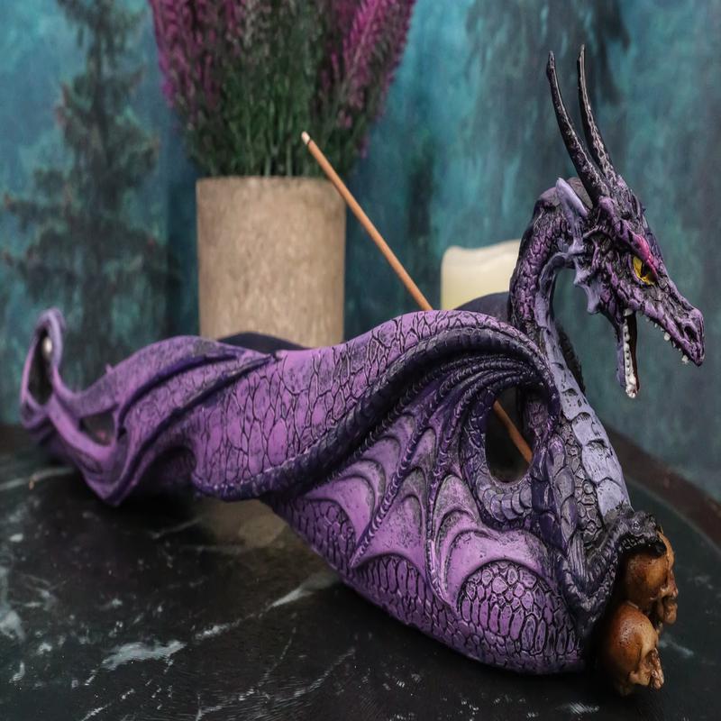 Purple Night Sky Dusk Skull Grave Dragon Growling Incense Holder Burner Figurine