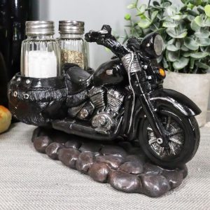 Retro Black Chopper Road Hog Motorcycle Salt And Pepper Shakers Holder Figurine