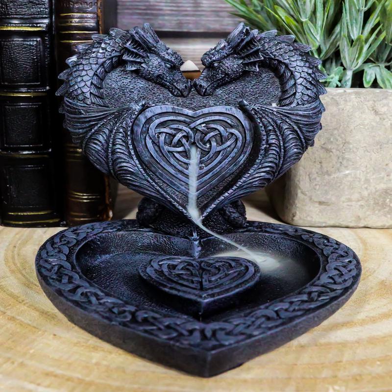 Romantic Double Dragon Heart With Celtic Knotwork Backflow Cone Incense Holder
