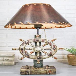 Rustic Sea Nautical Pirate Captain Ship Helm Steering Wheel Table Lamp W/ Shade